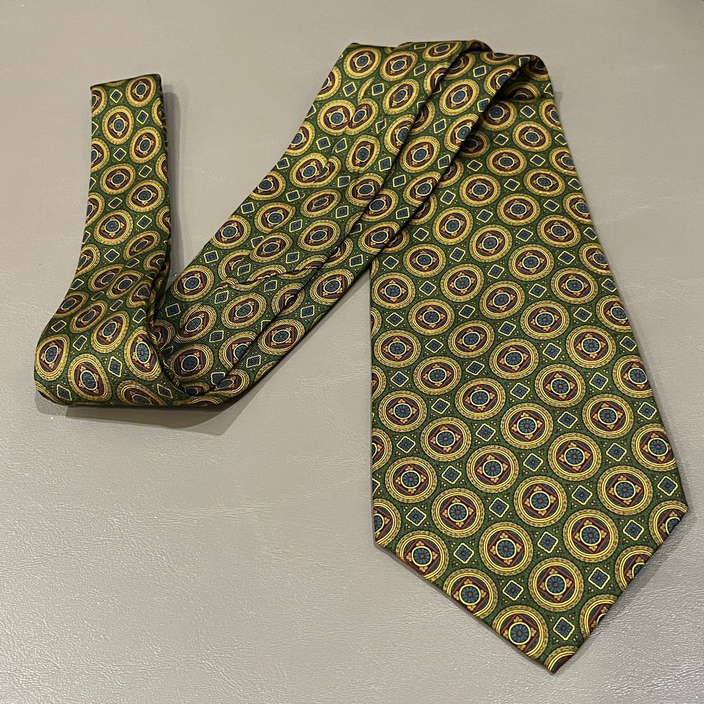 Polo Ralph Lauren Vintage Geometric Circle Print Silk Tie in Green and Gold - Picture 2 of 12
